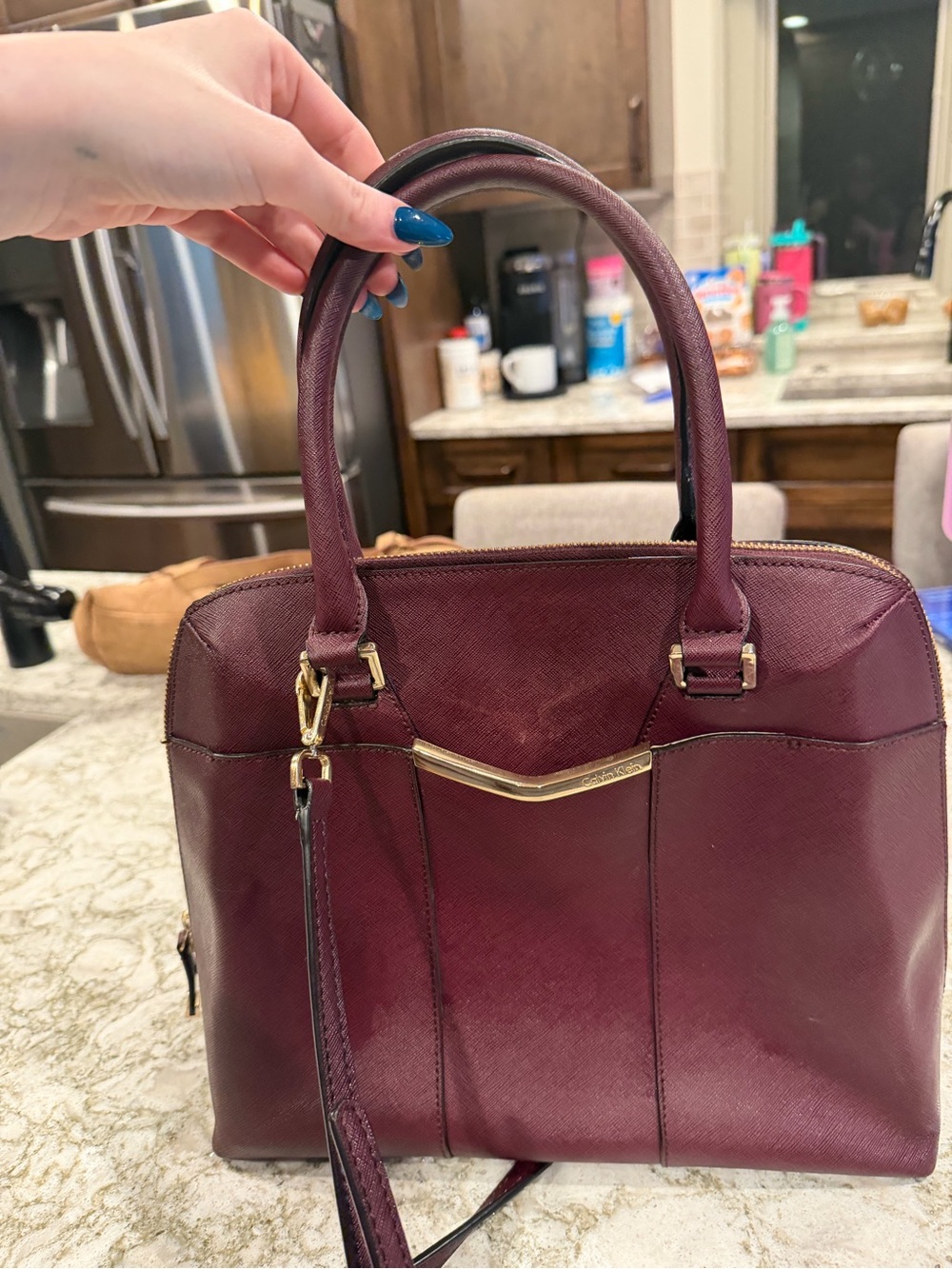 burgundy Calvin Klein Saffiano leather satchel